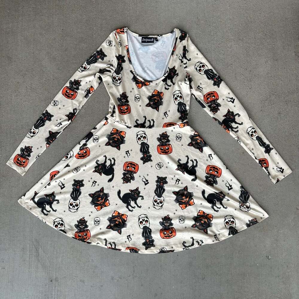 Sourpuss Halloween Satin Dress Pumpkin Cat Skull F13 Logo Small